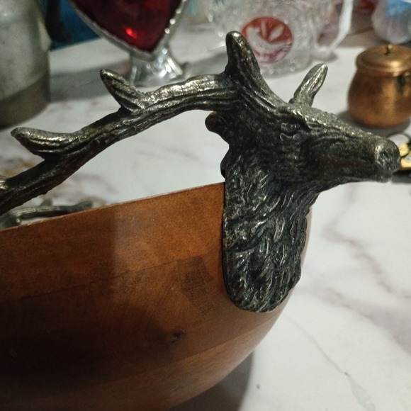 Rustic  Pewter Stag Head Handles Wooden Salad Bowl Western Hunting decor - Picture 10 of 15